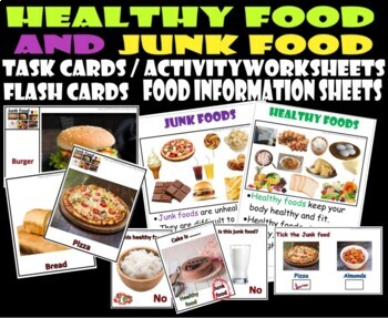 Preview of Healthy and Junk Food - Flash/Task cards, Worksheets Activities with Real Images