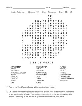 Preview of Heart Disease - High School Health Science - Word Search Worksheet - Form 2