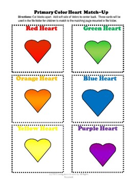 Primary Color Heart Match Up by Loving Arms University | TpT
