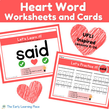 Preview of Heart Word Worksheets and Cards (UFLI Inspired Lessons 1-34)