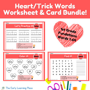 Preview of Heart/Trick Words Worksheets and Cards-1st Grade Fundations Inspired BUNDLE