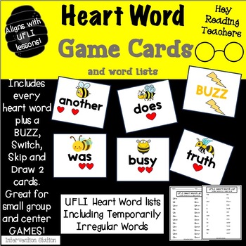 Preview of Heart Word Game Cards and word lists use with UFLI BUZZ , UNO, Go Fish and more!