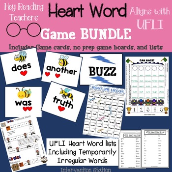 Preview of Heart Word Games Bundle! Game cards, no prep board games, lists Aligns with UFLI