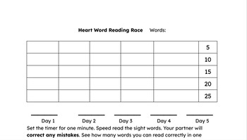 Preview of Heart Word Reading Race Template (editable)