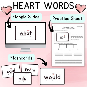 Preview of Heart Words Flash Cards, Practice Sheet & Editable Google Slides™ - SOR aligned