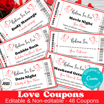 Preview of Heartfelt Love Coupons: Ready-Made & Customizable, Editable Love Coupons