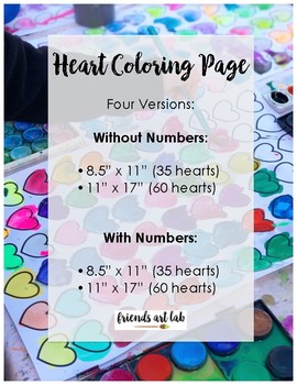 Preview of Hearts Coloring Page (With and Without Numbers) 2 Sizes (8.5" x 11" & 11" x 17")