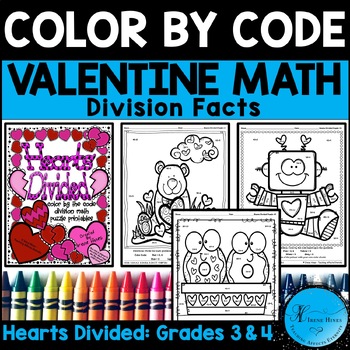 Preview of Valentine's Day Division Math Color By Number Code February Coloring Sheets