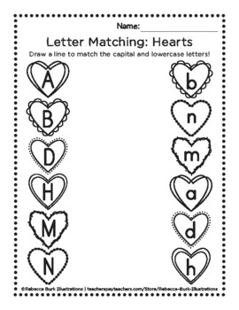 Hearts Letter Matching Worksheet by Rebecca Burk Illustrations | TPT