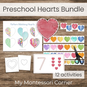 Preview of Hearts Theme Preschool Materials Bundle, Hands-On Learning Activities
