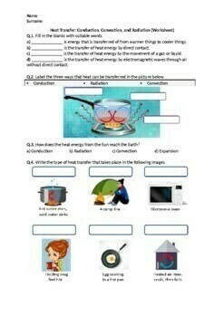 Preview of Heat Transfer: Conduction, Convection, and Radiation - Worksheet (Printable)