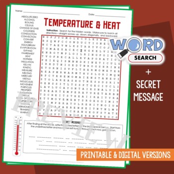 Preview of Temperature and Heat Transfer Word Search Puzzle Vocabulary Activity Worksheet