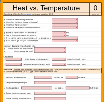Preview of Heat vs. Temperature *SELF GRADING* google sheet for eLearning