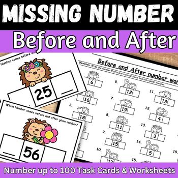 Preview of Hedgehog Math Before and After Numbers worksheets & Task cards 1 more 1 less