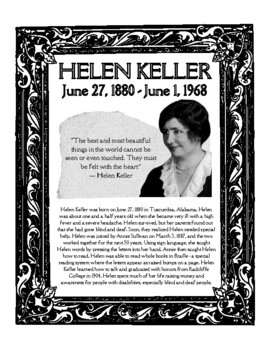 Preview of Helen Keller (June 27) - National Deaf Month - Information/Coloring Sheet