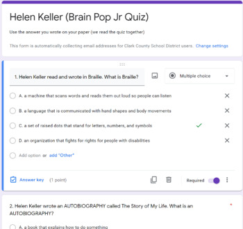 Preview of Helen Keller (Brain Pop Jr. Quiz) 5 Questions