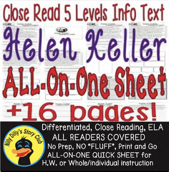 Preview of Helen Keller Close Reading LEVELED Passages ALL-ON-ONE Sheet Informational Text