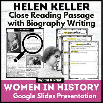 Preview of Helen Keller Close Reading Passage Quiz Biography Writing 3rd 4th 5th Grades