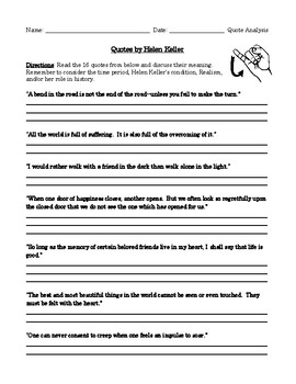 Preview of The Miracle Worker: Real Helen Keller Quotations for Worksheet or Discussions