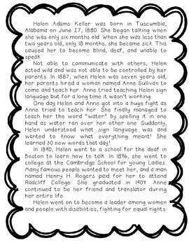 Helen Keller Reading Comprehension - Biography and Questions by Joanna ...