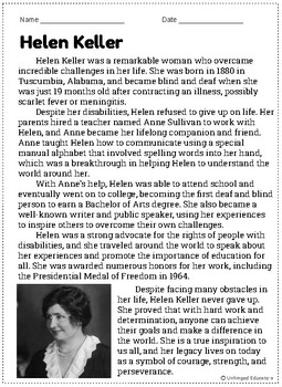 Preview of Helen Keller Reading Comprehension with Differentiated Worksheets!