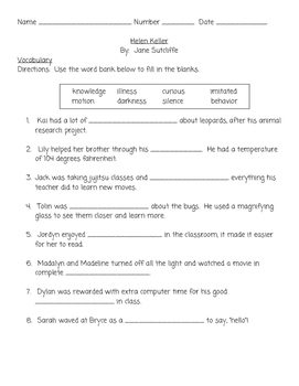 Helen Keller Vocabulary and Comprehension Test SOL Aligned Questions