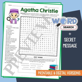 Preview of AGATHA CHRISTIE Word Search Puzzle Activity Vocabulary Worksheet Secret Message