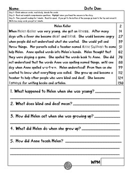 Helen Keller fluency and comprehension leveled passages by Second Goodies