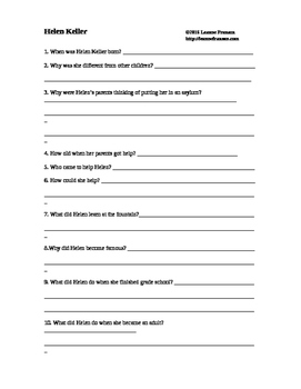 Preview of Helen Keller question sheets