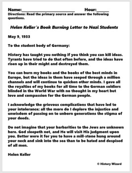 helen keller s book burning letter to nazi students primary source worksheet