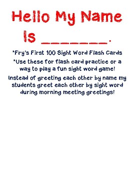Hello My Name Is - Sight Word Practice Fry's First 100 by Welephant Work