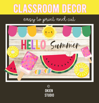 Preview of Hello Summer Watermelon Pineapple Sun Bulletin Board, Bright happy Summer decor