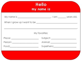hello my name is back to school introduction worksheet tpt