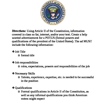 Preview of Help Wanted: Powers of the President Assignment