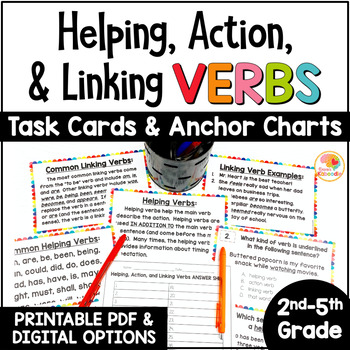 Preview of Verbs: Helping, Action, and Linking Verbs Task Cards & Anchor Charts 2nd-5th Gr