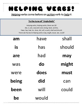 helping verbs freebie all helping verbs to the tune of jingle bells