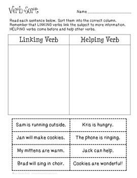 linking verbs helping verbs action verbs activity pack winter tpt