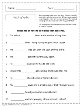 Helping Verbs Worksheets by Homework Hut | Teachers Pay Teachers