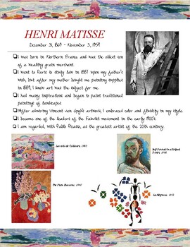 Henri Matisse: Activity Worksheet by Kempter Classroom | TPT