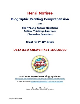 Preview of Henri Matisse Biography: Reading Comprehension & Questions w/ Answer Key