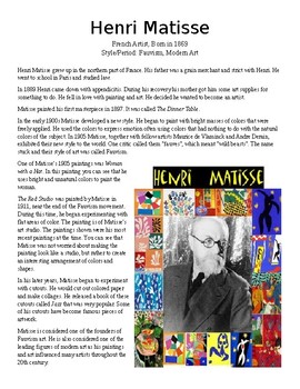 Preview of Henri Matisse Info Sheet