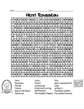 Henri Rousseau Word Search by Learning is Lots of Fun TPT