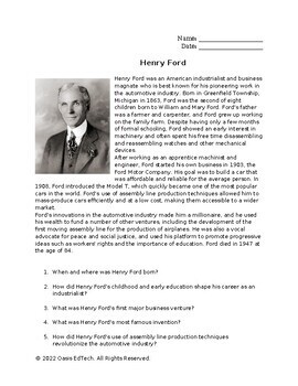 Preview of Henry Ford Worksheet