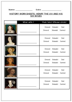 Preview of Henry The 8th and His Six Wives (Worksheet and Printable)