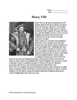 Preview of Henry VIII Worksheet