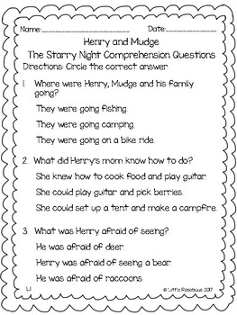 Henry And Mudge Comprehension Questions The Starry Night By Little Rosebuds