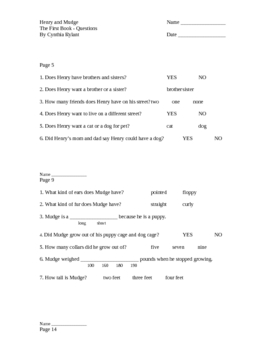 Preview of Henry and Mudge First Book Comprehension Questions