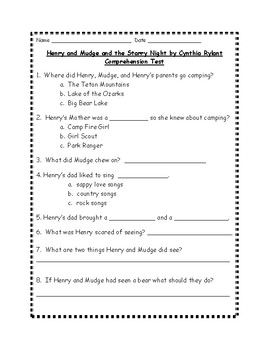 Henry And Mudge And The Starry Night By Cynthia Rylant Comprehension Test