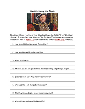 Preview of Henry the Eighth Reading Comprehension Questions