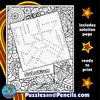 Hera Word Search Puzzle with Coloring Greek Mythology Wordsearch